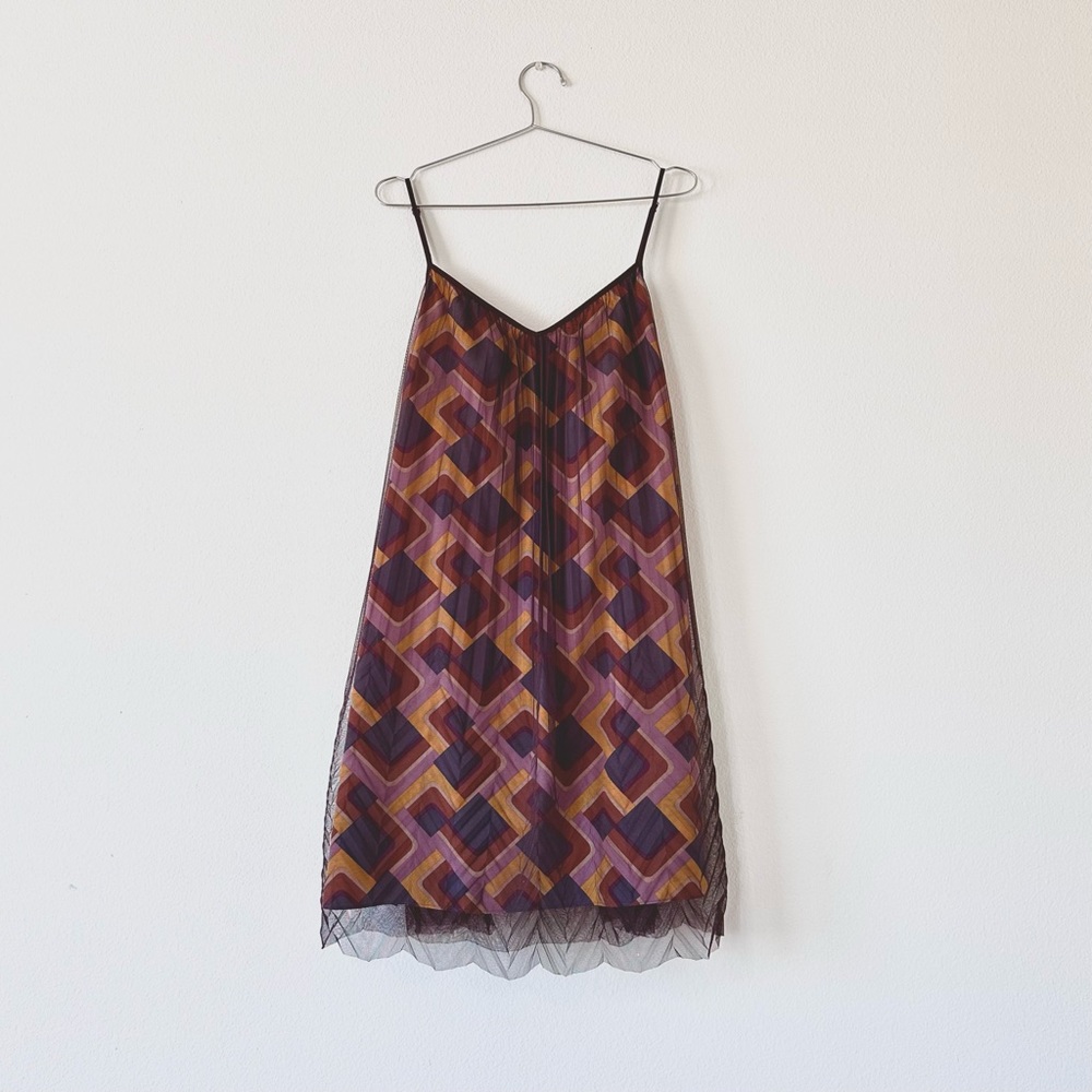 Fossil | retro print slip dress with brown chevron sheer overlay